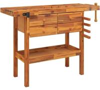 Table de travail avec tiroirs et pinces, dimensions 124x52x83 cm, en bois d'acacia massif. Table de travail pour atelier, garage ou pièce de loisirs, avec rangement et établi stable pour le bricolage
