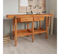 Table de travail avec tiroirs et pinces, dimensions 162x62x83 cm, en bois d'acacia. Équipement d'atelier, table de travail d'atelier, armoire à outils, établi, table à outils, établis pour bricoleurs,