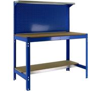 Table de travail Buffalo avec panneau à outils et étagère | Hauteur x Largeur x Profondeur : 84 x 90 x 61 cm | Capacité de charge : 400 kg | Table de travail bleue, table d'atelier, banc de travail, é