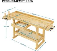 Table de travail de 145 x 49 x 86 cm en bois d'hévéa, avec tiroir, boîte de rangement et système de serrage