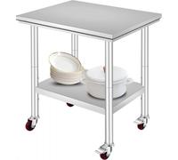 Table de travail Deluxe en acier inoxydable - Table de travail en acier inoxydable avec 4 roulettes - 76x60cm - Plateau inférieur réglable en hauteur - Établi professionnel pour la cuisine & l'atelier
