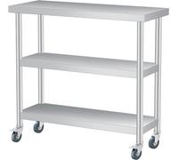 Table de travail en acier inoxydable, 91 x 36 x 86 cm, table de cuisine à 3 niveaux, table de préparation, capacité de charge de 920 kg, équipée de 4 roulettes, table en acier inoxydable pour restaura