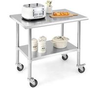 Table de travail en acier inoxydable pour cuisine, table en acier inoxydable avec plateau réglable en hauteur et 4 roulettes universelles, capacité de charge de 250 kg, dimensions 91,5 x 61 x 88,5 cm.
