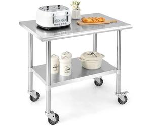 Table de travail en acier inoxydable pour cuisine, table en acier inoxydable avec plateau réglable en hauteur et 4 roulettes universelles, capacité de charge de 250 kg, dimensions 91,5 x 61 x 88,5 cm.