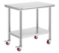 Table de travail en acier inoxydable pour la restauration, 91 x 61 cm, table de travail professionnelle à 4 roulettes, plan de travail professionnel pour la préparation des aliments avec tablette régl