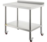 Table de travail en acier inoxydable Table de cuisine avec plateau réglable en hauteur avec 4 roues universelles et rebord 91,4 x 61 x 89 cm