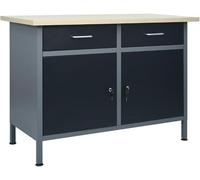 Table de travail en acier noir, dimensions 120x60x85 cm, avec tiroir et armoire. Table de travail robuste, idéale pour un garage, une pièce de loisirs ou un atelier de réparation, dotée d'un plateau s