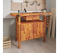 Table de travail en bois d'acacia massif, avec tiroir et pinces, dimensions : 124 x 52 x 83 cm. Table de travail pour atelier, garage, cave, pièce de loisirs ou pour travaux de réparation, avec grande