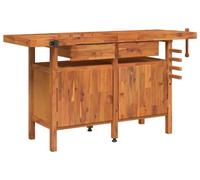 Table de travail en bois d'acacia massif - Dimensions : 162 x 62 x 83 cm - Tiroirs, 2 étagères, rangement en tissu - Couleur : vert armée