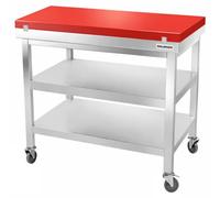 Table de travail en inox 1200x700 mm avec plaque de découpe rouge et 2 étagères sur roulettes PREMIUM - GOLDINOX