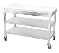 Table de travail en inox 1600x600 mm avec plaque de découpe blanche et 2 étagères sur roulettes PREMIUM - GOLDINOX
