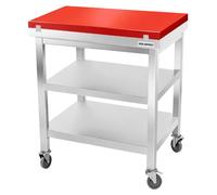 Table de travail en inox 800x700 mm avec plaque de découpe rouge et 2 étagères sur roulettes PREMIUM - GOLDINOX