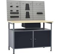 Table de travail, ensemble d'atelier, aménagement d'atelier comprenant 3 panneaux d'outils avec étagères ouvertes et tiroirs