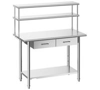 Table de travail gastronomique 122 x 61 x 140 cm - Table de préparation en acier inoxydable - Avec plateau inférieur - 2 tiroirs - Double plateau supérieur - Pour cuisine, restaurant, garage - Argent