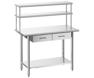 Table de travail gastronomique 122 x 61 x 140 cm - Table de préparation en acier inoxydable - Avec plateau inférieur - 2 tiroirs - Double plateau supérieur - Pour cuisine, restaurant, garage - Argent