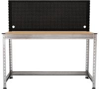 Table de travail Master Rax avec panneau perforé, dimensions 150x150x60 cm – Capacité de charge : 300 kg – Structure en acier galvanisé – Plan de travail en panneaux de particules de 18 mm – Montage s