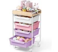 Table de travail mobile avec 4 tiroirs, en plastique violet, montée sur roulettes et dotée d'un plateau de travail en bois