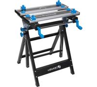 - Table de travail pliable, réglable en hauteur et en inclinaison, dimensions 600x570x770–1070 mm, avec plateau en aluminium, mors de serrage, réglage angulaire et échelle de mesure