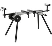 Table de travail pour scies circulaires de coupe d'onglet et de coupe droite. Structure pour scie circulaire. Scie circulaire. Acier, noir et argent. Extension latérale, 123,5-245 cm