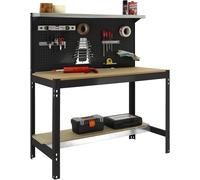 Table de travail Simon Rack, robuste, avec plateau supérieur et panneau perforé, dimensions 1445 x 910 x 610 mm, capacité de charge de 400 kg, structure métallique et plan de travail en bois, livrée e