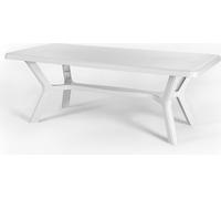 Table d'extérieur rectangulaire 200x95 cm en polypropylène avec pieds croisés, structure renforcée en métal et ouverture pour parasol - SAMUEL - Blanc
