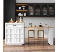 Table d'îlot de cuisine extensible - KOMHTOM - Table de bar - Extensible 133-202 cm - 2 tiroirs & 4 compartiments - Blanc laqué