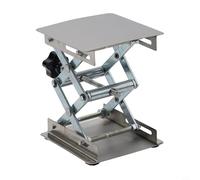 Table élévatrice réglable en acier inoxydable pour le travail du bois, support manuel avec mécanisme ciseaux, finition argentée, design compact, base de 100 x 100 mm