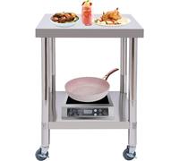 Table en acier inoxydable, table de cuisine, 60x60 cm. Table de préparation gastro avec roulettes, à deux niveaux. Table en acier inoxydable pour usage professionnel, avec étagère, capable de supporte