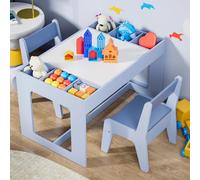 Table en bois pour enfants - Table et 2 chaises - Table de jeux et d'activités avec rangement - 80 x 49 x 48 cm - Rectangulaire - Gris et bleu
