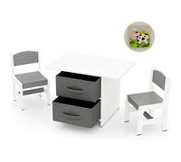 Table Enfant avec 2 Chaises - COSTWAY - 2 Tiroirs en Tissu & Puzzle - en Bois avec Design Ergonomique - Coins Arrondis - Gris