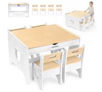 Table pour enfants Mamabrum avec 4 chaises Ours – Blanc/Naturel, grande table en bois avec 2 tiroirs, ensemble de meubles pour enfants en MDF, à partir de 3 ans