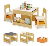 BEALIFE Ensemble de table et chaises pour enfants 3 pièces TB91 | Table pour enfants avec 2 chaises, espace de rangement et tableau | Gris/naturel | Pour les 3-7 ans
