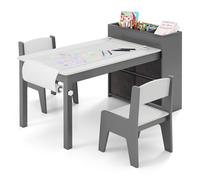 Table et 2 Chaises Enfant - COSTWAY - Support et Rouleau de Papier - Étagères Ouvertes - 4 Bacs en Tissu Rangements - Gris