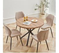 Table et 4 chaises - Scandinave - Table ronde de 100 cm - Bois foncé - Chaises en lin à rayures verticales - Marron