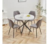 Table et 4 chaises - Scandinave - Table ronde de 100 cm - Bois marbré - Chaises en lin - Gris foncé
