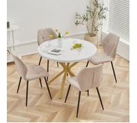 Table et 4 chaises - Scandinave Table ronde de 100 cm - Plateau en Bois marbré - Pieds de table dorés - Chaises en lin