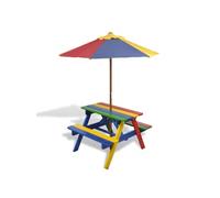 vidaXL Table de pique-nique pour enfants avec bancs et parasol Bois multicolore