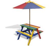 vidaXL Table de pique-nique pour enfants avec bancs et parasol Bois multicolore