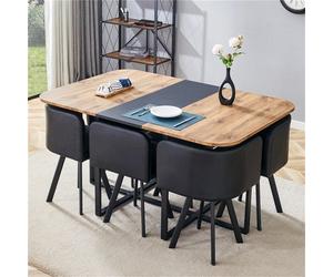 Table et Chaise Encastrable Salle à Manger avec 6 Chaises Tapissées Noir, Table a Manger Industrielle Bois 4-6 personnes, 150x100