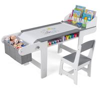 Table et chaise pour enfants COSTWAY, avec rouleau de papier et 4 pots de peinture, ensemble de sièges pour enfants, table de dessin avec 2 tiroirs, 2 compartiments et des boîtes de rangement en tissu