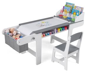 Table et chaise pour enfants COSTWAY, avec rouleau de papier et 4 pots de peinture, ensemble de sièges pour enfants, table de dessin avec 2 tiroirs, 2 compartiments et des boîtes de rangement en tissu