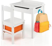 Table et chaise pour enfants - Ensemble de meubles pour enfants - Bois massif - Plateau rabattable - Espace de rangement - Assemblage requis - Blanc