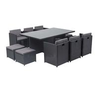 CONCEPT USINE | Salon de Jardin Encastrable Résine Tressée 10 Personnes | Miami Noir Coussins Gris | Table Plateau de Verre Amovible + 6 Fauteuils + 4 poufs | Coussins Déhoussables | Résiste à l'eau