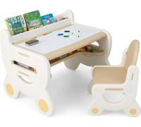 Table et chaises pour enfants - Ensemble - Tableau blanc - Bibliothèque - Porte-crayons - Espace de rangement - Cadre en bois - Plastique - Marron