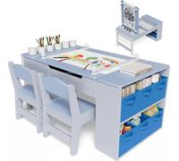 Table et chaises pour enfants - Table d'activités et de bricolage 3 en 1 avec chevalet - Bois - Réglable en hauteur - Chevalet inclinable - 6 boîtes de rangement et 6 pots de peinture - Bleu/gris
