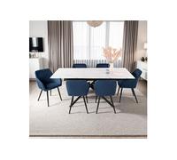 Table extensible blanc mabré + 6 chaises en velours bleu - MINDY