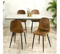 Table extensible effet marbre blanc + 4 chaises simili cuir brun pied noir et doré - URBAN MEUBLE - Ensemble repas rétro chic