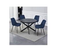 Table extensible effet marbre noir + 4 chaises velours bleu - DIALO