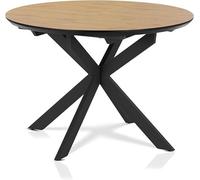 Table extensible pour cuisine, forme ronde, diamètre 110-150 cm, avec système d'extension papillon pour 4 à 6 personnes. Structure en métal en forme d'étoile, plateau en matériau composite bois recouv