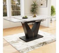 Table extensible pour repas, dimensions 99–159 x 75 x 75 cm, table télescopique avec pieds en forme de V, large surface de travail, pieds réglables, aspect marbre blanc, en MDF, idéale pour le salon